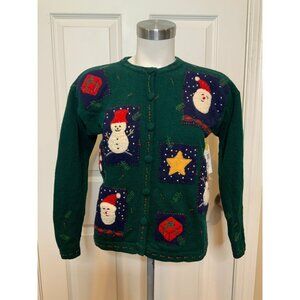 Talbots Petites Green Embellished Button-Up Holiday Christmas Sweater, Size PP